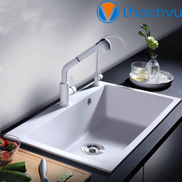 Chậu rửa bát 1 hố bằng đá granite 56x47, chống thấm phủ nano trắng không ố vàng chống bám bẩn vĩnh viễn.