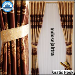 Gorden Pintu Dan Jendela Pendek Minimalis Murah Blackout Import Mewah Tebal Model Smokring Warna Abu - Bahan Kain Blackout Print Emas - Lebar 130 x T 130 cm - Berat 900 gram - Motif Depan Belakang Polos (Free Tali Kain)