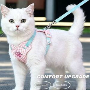 PETPARADIS Adjustable Cat Harness Leash Set Cherry Print Striped Puppy Chest Strap Cute Style Prevent Breaking Free Pet Vest Harness Small Medium Breeds