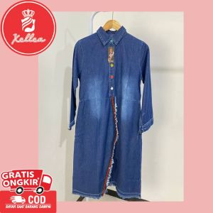 Tunik Jeans Wanita Kekinian Bahan Adem Lengan Panjang Simple Elegan Fashion Ootd Terbaru Kancing Depan Busui Friendly Kerah Kemeja Serut Bagian Tengah 2 Saku Kanan Kiri Variasi Rawis-XELLEA