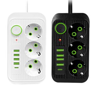 UDIEOA  2m Extension Cord EU Outlet Power Strip 3-Outlets 4 USB Ports Surge-Protected Power Strip Multi-Plug Wall Socket Strip Independent Switch Smart Home Universal Plug Office