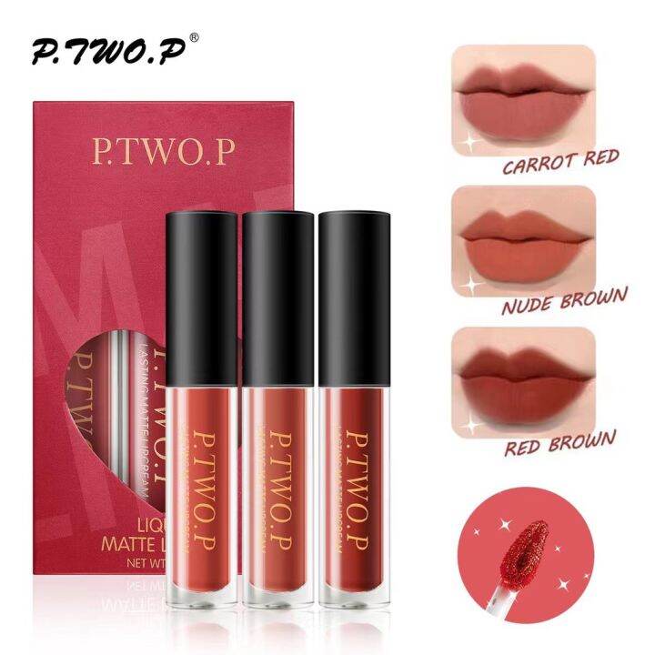 P.TWO.P 3 PCS Matte Lip Tint Set Long Wearing Waterproof Lipstick Kit ...