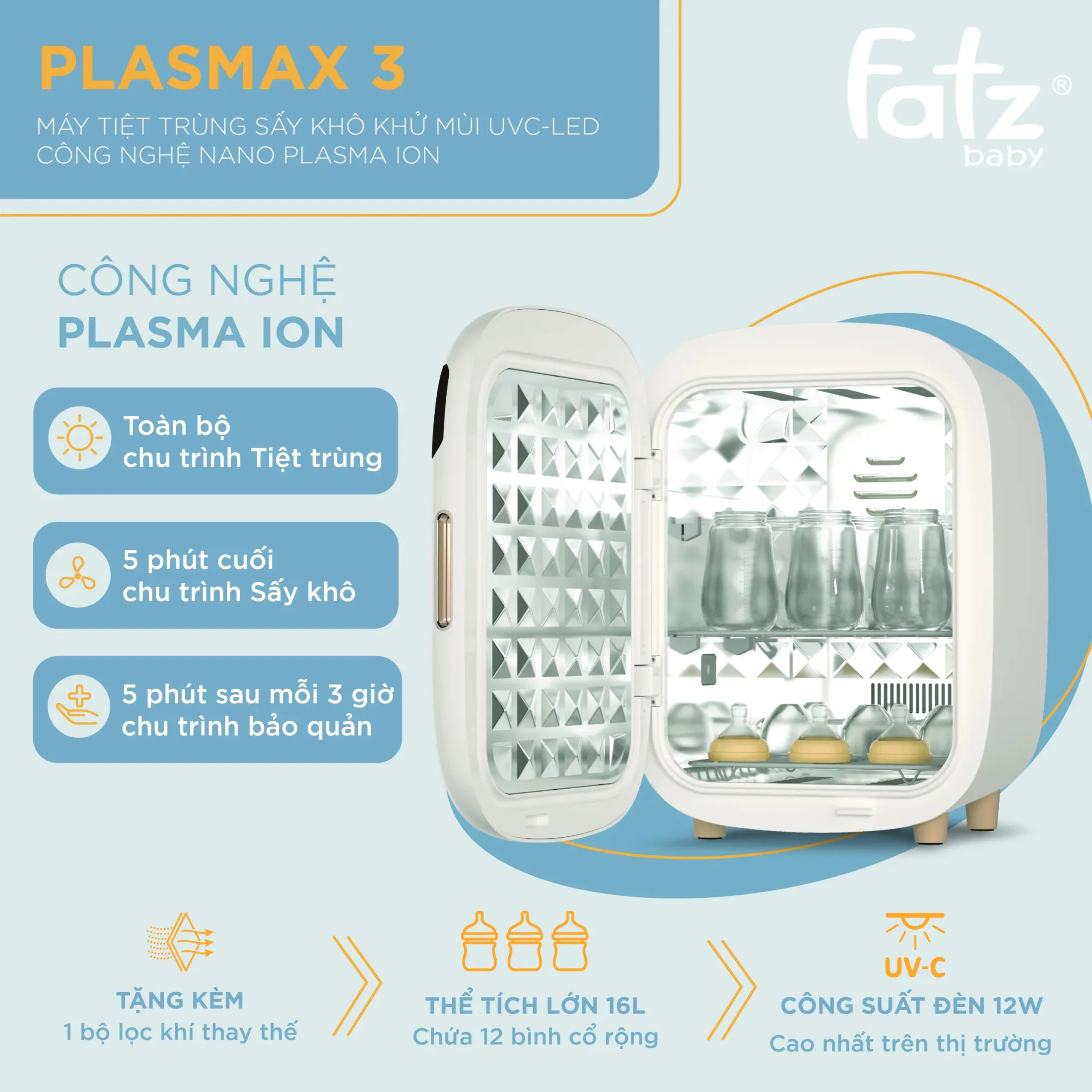 Máy tiệt trùng sấy khô Fatz Baby Plasmax 3 tia UVC-LED Công nghệ Nano Plasma Ion khử mùi FB4792TN:5835