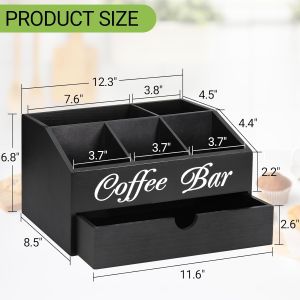 Wooden Coffee Bar Organizer 6 Compartment Cofffee Bags and Tea Bags Storage Rack Multi Function Countertop Storage Rack with Drawer Spice Storage Rack for kitchen Office