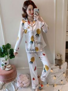 CP Mall Ice Silk Modern Collection Essentials Women Baju Tidur Long Sleeve Collar Printed Pyjamas Sets with Long Pant - S1074 (with 36 Design Colours optional) Baju Tidur Wanita Sleepwear