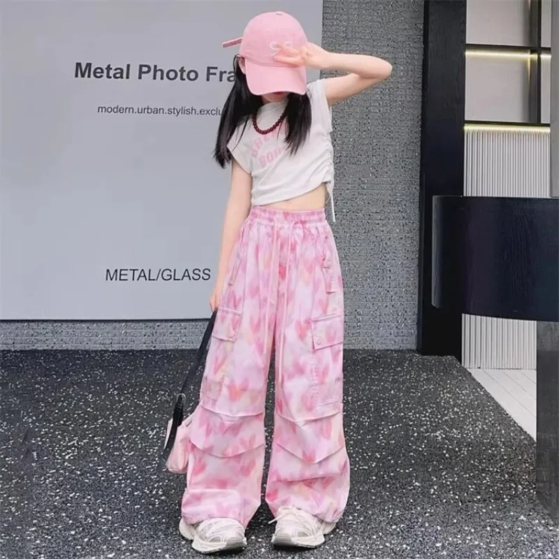 Korean Wide Leg Pants for Kids Girls Breathable Comfortable Loose Pants  Fashion Pink Heart Print Baggy Trousers Multi-Pocket Cargo Pants  Anti-mosquito
