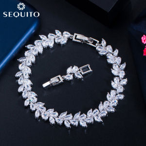 SEQUITO Shiny Clear Pear Leaf Shape Cubic Zirconia Engagement Wedding Jewelry Luxury Women Charm Bracelet Bangle for Bridemaid Gift B096