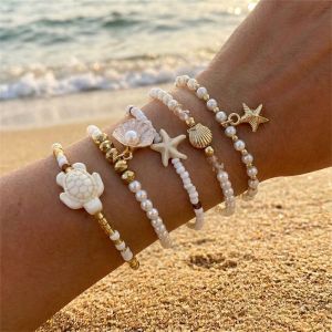 NOBLELUX Bohemian Multilayer Shell Bracelets Turtle Pendant Starfish Conch Beaded Bangles Stacked Wrap Charm Hand Chain Gifts