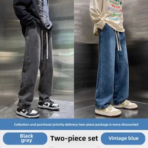Y2k Solid Color Baggy Pants For Adult Men Loose  Elastic Waist Jeans Daily Wear Black