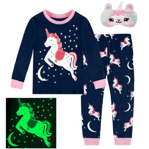 Pajamas for Kids Girl Unicorn Clothes Stars Pink Cute Cartoon Clothes Baby Glow in the Dark Long Sleeves Sleepwear Set 2-10 Years