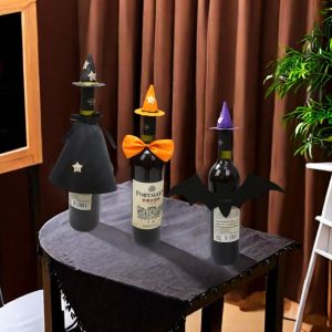 CEMOMEF 6pcs Cloth Halloween Wine Bottle Topper Handmade Mini Bottle Witch Hat Dust Cover Funny Wine Bottle Covers Home