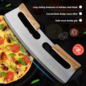 35Cm Pisau Pemotong Pizza Stainless Besar Pegangan Kayu Wood Pizza Cutter Swing Rocker + Tutup Pemotong Pizza
