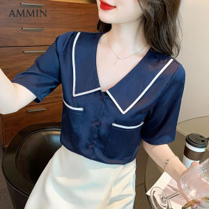 AMMIN 2022 Summer New French Lapel Chic Sweet Short Sleeve Chiffon Shirt Womens Korean Style Single Breasted Personality Stitching Elegant Blouse Female ins tops