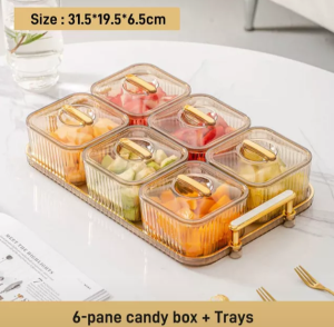 Toples Plastik Lebaran Nampan Tempat Kue Fruit Plate Amber Green Storage Jar with Tray 6 Grids