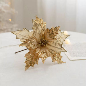 NUVOX Christmas Tree Ornament Flowers 9.8*7.9in Artifical Xmas Ornaments Decor For Home Wedding Birthday Party Gift Flannel Iron Glitter Flower (Gold Sliver Rad and Champagne)