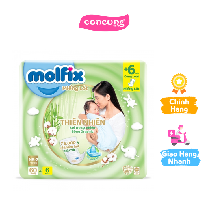 Miếng lót Molfix Thiên Nhiên (Newborn 2,> 1 tháng, 60 miếng) + 6 miếng