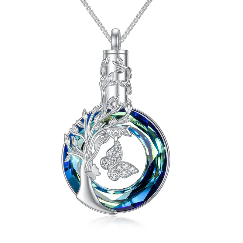 YT-Tree Of Life Urn Necklace Sterling Silver Butterfly Cremation Jewelry  For Ashes Round Crystal Memorial Pendant Jewelry For Women Girls Friends Mom