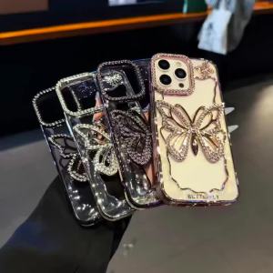 Fashion Ink Painting Colour Flowers Phone Case For iPhone 17 Air 16 15 14 13 Pro Max Plus Plating Diamond Butterfly Bumper Cover