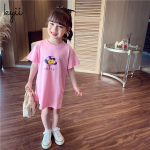 KYII Kids Long T-shirt Summer Dress 2021 New Children Korean Style Cartoon Short Sleeve Dress Little Girl Dress ky081