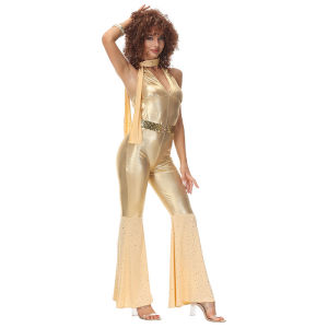 Womens -plated Ice Silk Flared Trousers Makeup Ball Dress Disco Dress R 70s Hip-hop Performance Dress