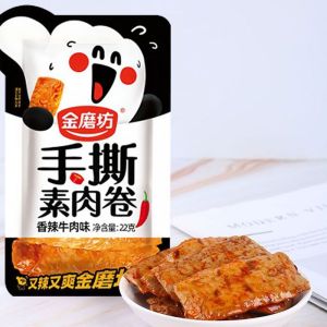 金磨坊-手撕素肉卷-香辣牛肉味/麻辣仔鸡味/韩式烧烤味 22克 JIM MO FANG-Shredded Vegetarian Meat Roll–Spicy Flavor/Mala Flavor/Korean BBQ Flavor 22G