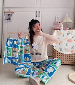 Womens Terno 3in1 Cotton Spandex Cute Cartoons Prints Tshirt Sleepwear Pajama Set  SIZE: Free size