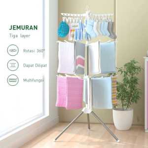 Gantungan Baju Jemuran Berdiri Menara Pakaian Bayi Anak Lipat 3 Tingkat Jepitan Rak Hanger Handuk Gantung Minimalis Portable Pengering Estetik
