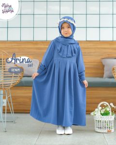 Zahra Olshopp - ARINA Gamis Anti Setrika FREE Bros Set Gamis Polos Anak Perempuan A Line Plus Hijab Premium Crinkle Cey Air Flow Ironless usia 3th sampai 12th bisa COD