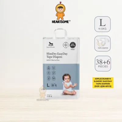 APPLECRUMBY® SLIMDRY EASYDAY TAPE DIAPERS [SIZE L][38+6PCS][HEARTSOME]