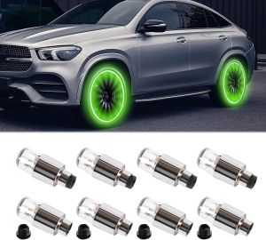 8PCS LED Wheel Lights Automotive Tire Light Assemblies Air Neon Valve Light Waterproof LED Flashing Light Car Exterior Accessories Tire Valve Caps Lamp Universal for Car Bike (Green)