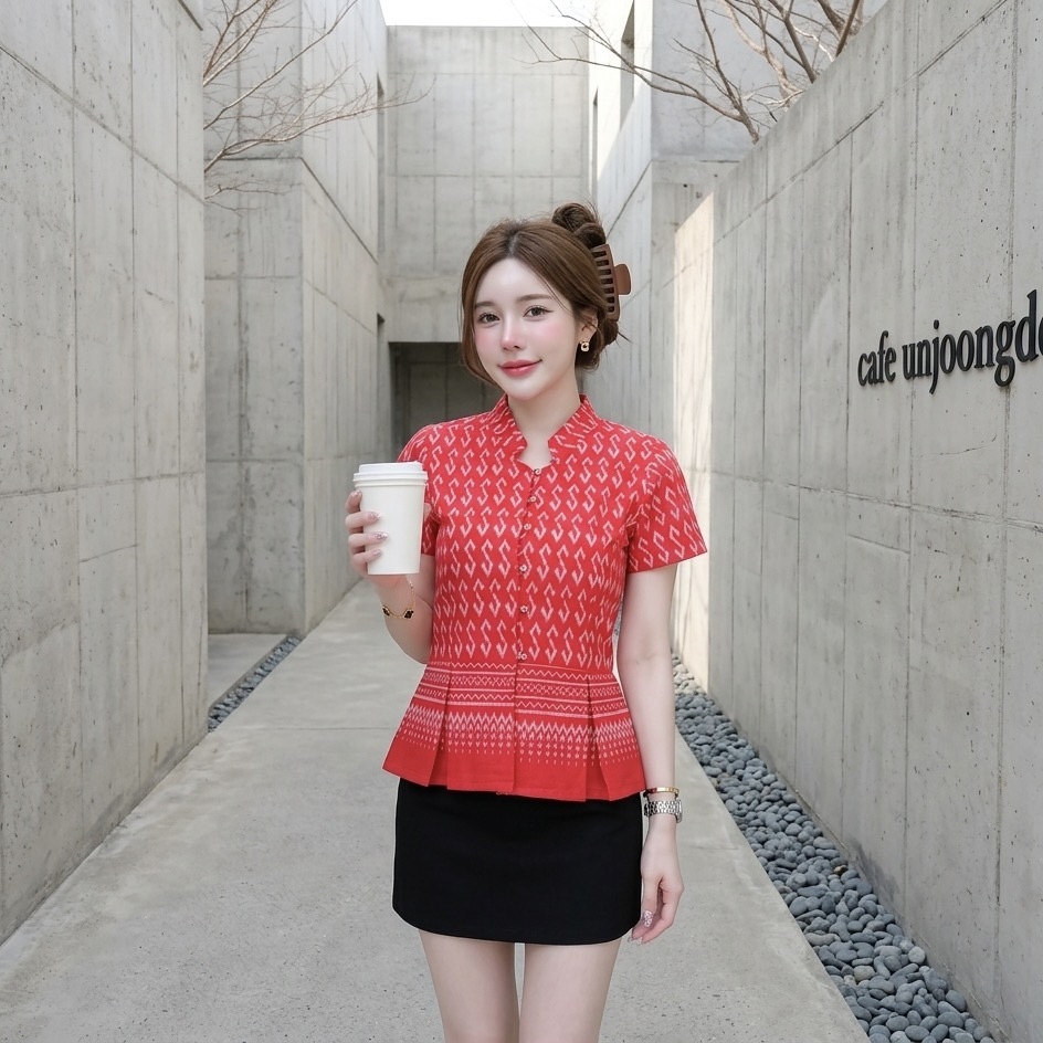 LANNA เสื้อคอจีนระบายเอวเข้ารูป ผ้าฝ้ายพิมพ์ลายสวย ใส่ทำงานสุภาพ ไซส์S-XXL มุมมองที่ 9
