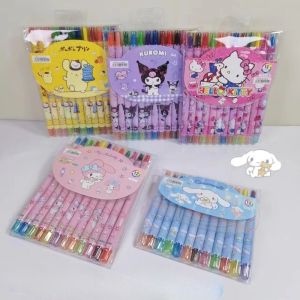 12 Pieces/set Sanrio Cinnamoroll Mymelody Kuromi PomPom Purin Crayon Hello Kitty Childrens Painting Pen Student Rotating and Scalable Color Crayon Student Gift