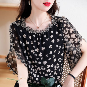 Yige áo cánh vải voan Cho Phụ Nữ 2023 thời trang mới mùa hè dáng ôm phong cách Thêu Sơ Mi Nữ Phong Cách Nước Ngoài cổ tròn bằng lụa ngắn tay Áo Cánh Của Phụ Nữ