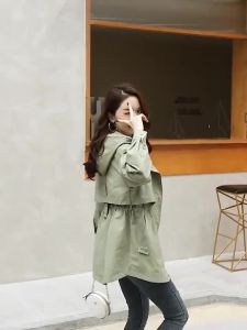 [Ready Stock] Jacket 外套 防風 Womens Casual Small Solid Color Windbreaker Mid-Length 2022 Spring Autumn Winter New Style Loose Waist-Waisted Hooded Overalls