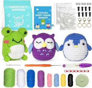3 Animals Set Easy Crochet Kit for Beginners Animals with all Tools Learn to Crochet Kits Frog Owl Pengiun
