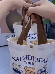 Beg Kanvas Kartun 三只小熊卡通帆布手提包 Cartoon Bear Canvas Tote Bag 学生便携上班便当包 Portable Lunch Handbag Gift Bag