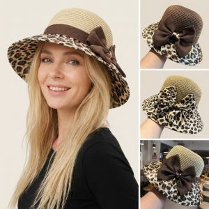 UNIITY Wide Brim Bow Straw Hat Leopard Print UV Protection Fishermans Hat Fashion Korean Style Womens Sun Hat Summer Outdoor