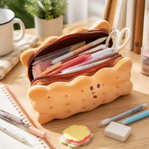 Jonathansdg pencil box pencil case aesthetic small pencil case cute Large Capacity Pencil Box Cartoon Design Cookie Shape Stationery Bag Stationery Holder Portable Cosmetic Pouch School