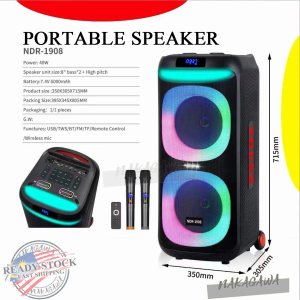 NDR-1908 40W DUAL 8-INCH HIGH POWER PORTABLE BLUETOOTH SPEAKER WITH LED LIGHT WIRELESS MICROPHONE