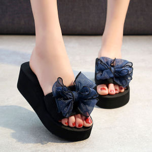 [Free Shipping] Stylish High-Heeled Flip-Flops With A Bow Thick Sole Non-Slip Durable WomenS Wedge Heel Handmade Beach Sandals For Summer