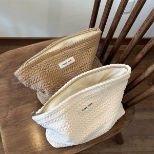 CANICECA Large Capacity Makeup Bag Zipper Solid Color Clutches Bag Portable Beige Coffee Storage Bag Outdoor