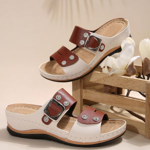 WomenS Wedge Sandals With Round Toe Open Toe Thick Sole Rhinestone And Metal Decoration 2026 New Large Size Beach Sandals