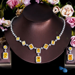 SEQUITO Brilliant Pink Princess Crystal Stone Setting White Gold Plated Wedding Long Square Drop Necklace and Earrings Jewelry Set for Women Pageant SJ259