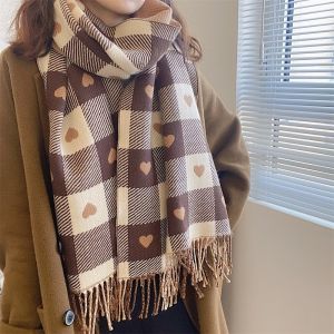 DIVATEN Windproof Neck Warmer Coldproof Love Heart Plaid Knitted Scarf Imitation Cashmere Shawl Women
