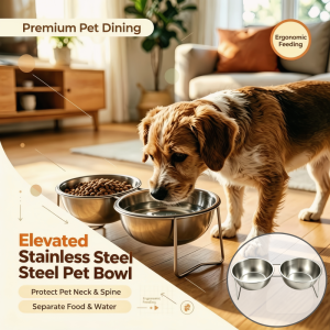 Stainless Steel Slow Bowl Double Bowls with Elevated Stand Anti-Tipping Food Water Set for Cats Dogs