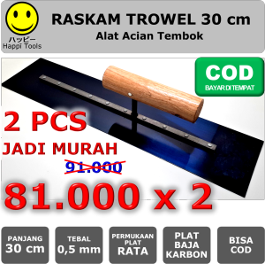 Raskam Roskam 30 cm Plat Baja Karbon - Trowel Epoxy Epoksi - Alat Acian Tembok - Finishing Plastering Beton Bata Ringan - Happī Tools - Carbon Steel - Flat / Gigi / Bergerigi