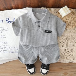 Baby Boy Clothes Sets Terno For Kids Boy Waffle Knit Polo Shirt Cargo Pocket Shorts Cotton 1 Set Korean Style Walking Outdoor Outfit For 6 Months‑5 Years Old