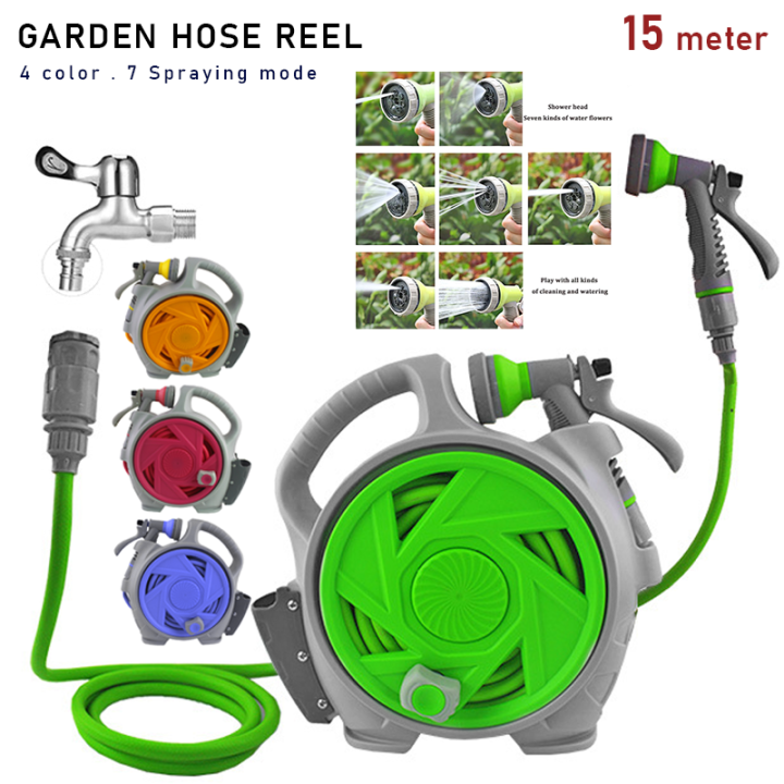 15 Meter 50ft Wall Mounted Garden Hose Reel 7 Modes Sprayer Gun