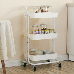 3 Tier Multi-Function Trolley With Handle (Metal+ABS) Troli Serbaguna White Black Pink Green