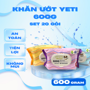 Thùng 20 gói Khăn ướt YETI 600G  Khăn KHÔNG MÙI KHÔNG CỒN Vải bi dầy khổ 13x19cm Hàng xuất khẩu Giá chất